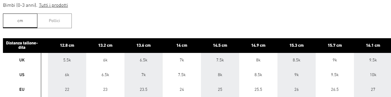 tabella taglie scarpe adidas bambino