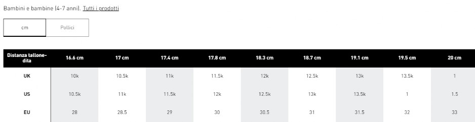 guida taglie adidas bambino
