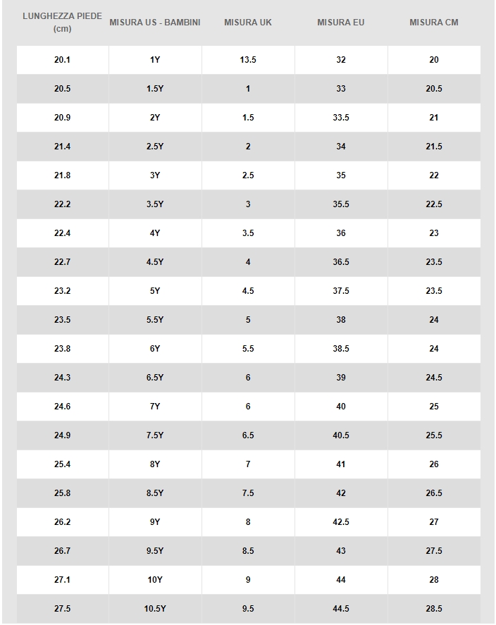 Tabelle misure Nike Scarpe Bambino - Guandalini Sport