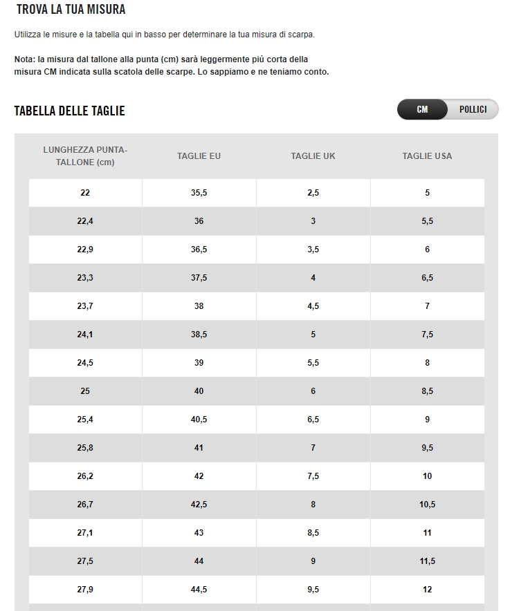 tabella taglie scarpe puma